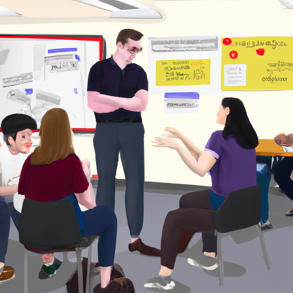 Course cover, vivid classroom with teacher and students practicing spoken language, high detail